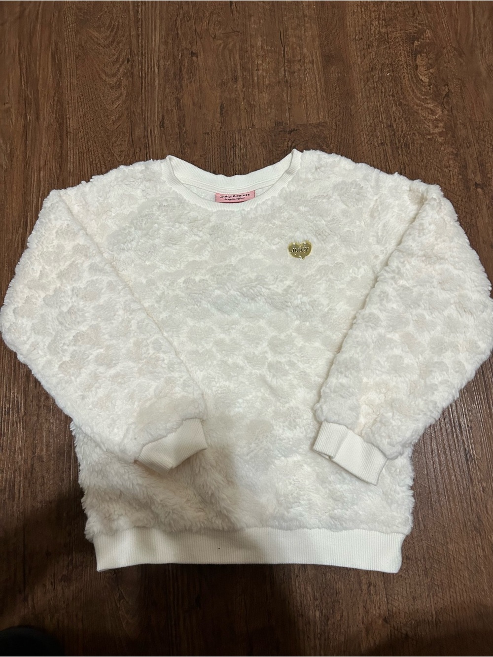 Juicy Couture Girls 6X White Plush Faux Fur Sweatshirt Gold Heart Logo